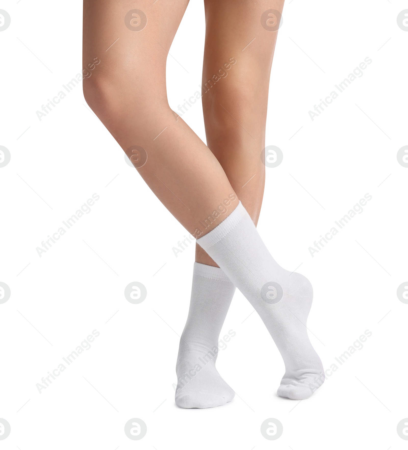 Photo of Woman in stylish socks on white background, closeup