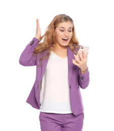 Photo of Happy young businesswoman with smartphone celebrating victory on white background