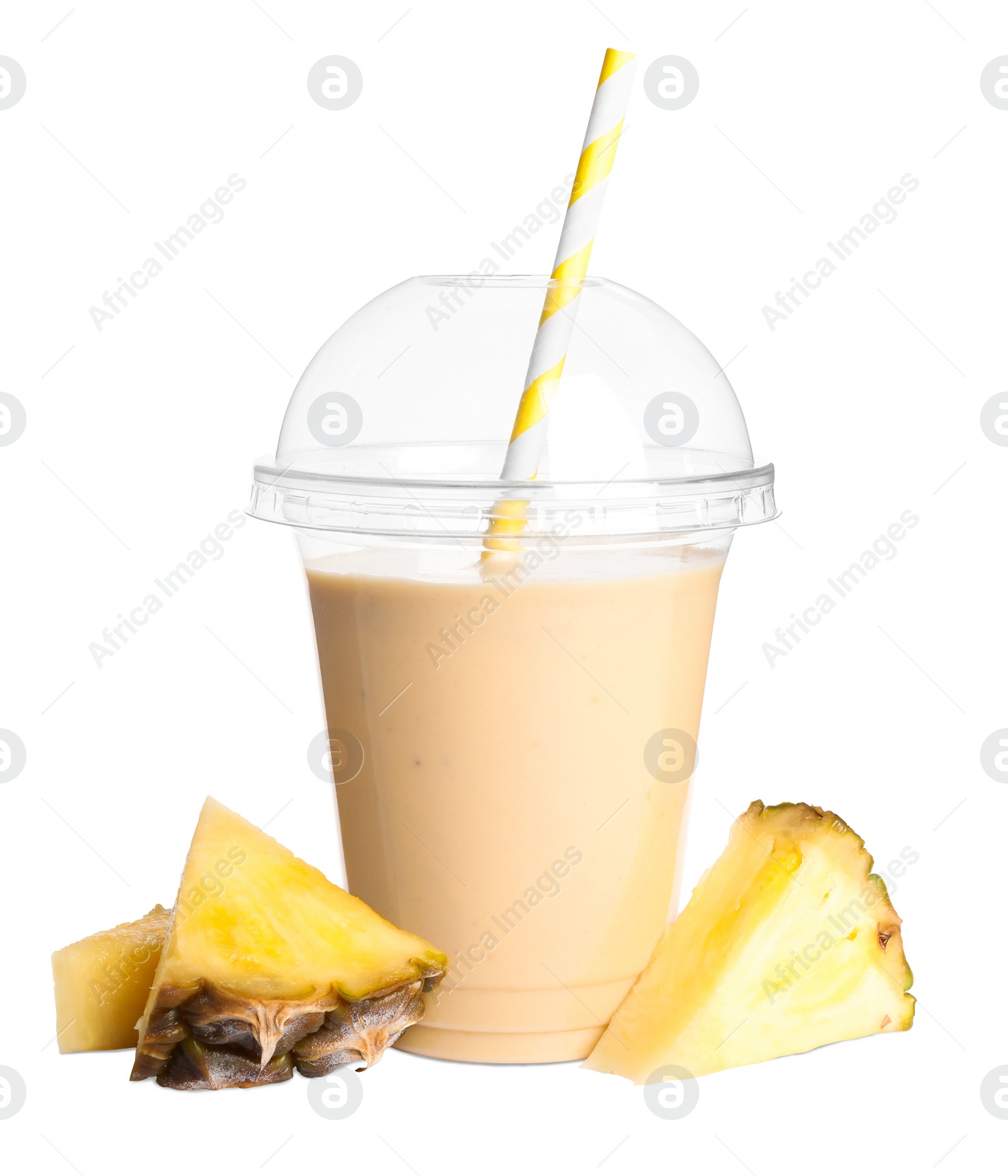 Photo of Plastic cup of tasty pineapple smoothie and fresh fruit on white background