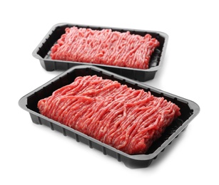 Photo of Fresh raw minced meat on white background