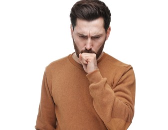 Photo of Sick man coughing on white background. Cold symptoms