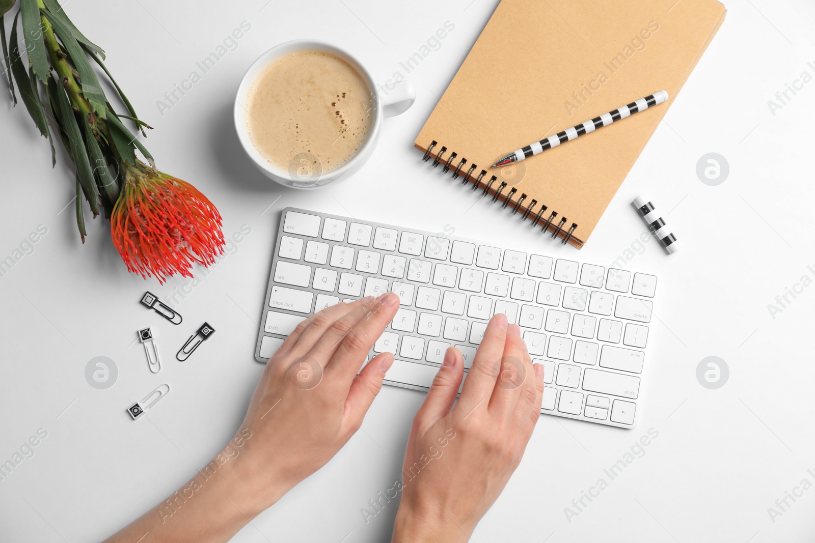 Photo of Woman using computer keyboard on white table decorated with tropical flower, top view. Creative design ideas