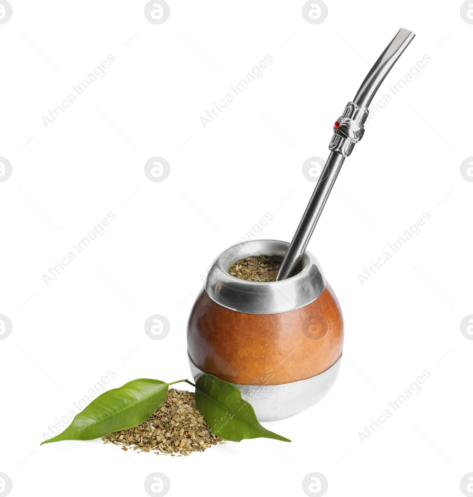 Photo of Calabash with mate tea and bombilla on white background