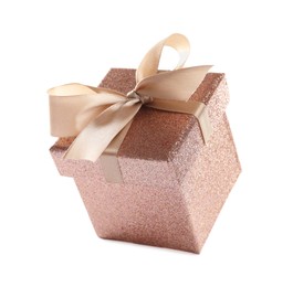 Photo of Beautiful gift box with golden ribbon and bow on white background