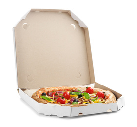 Delicious vegetable pizza in cardboard box on white background