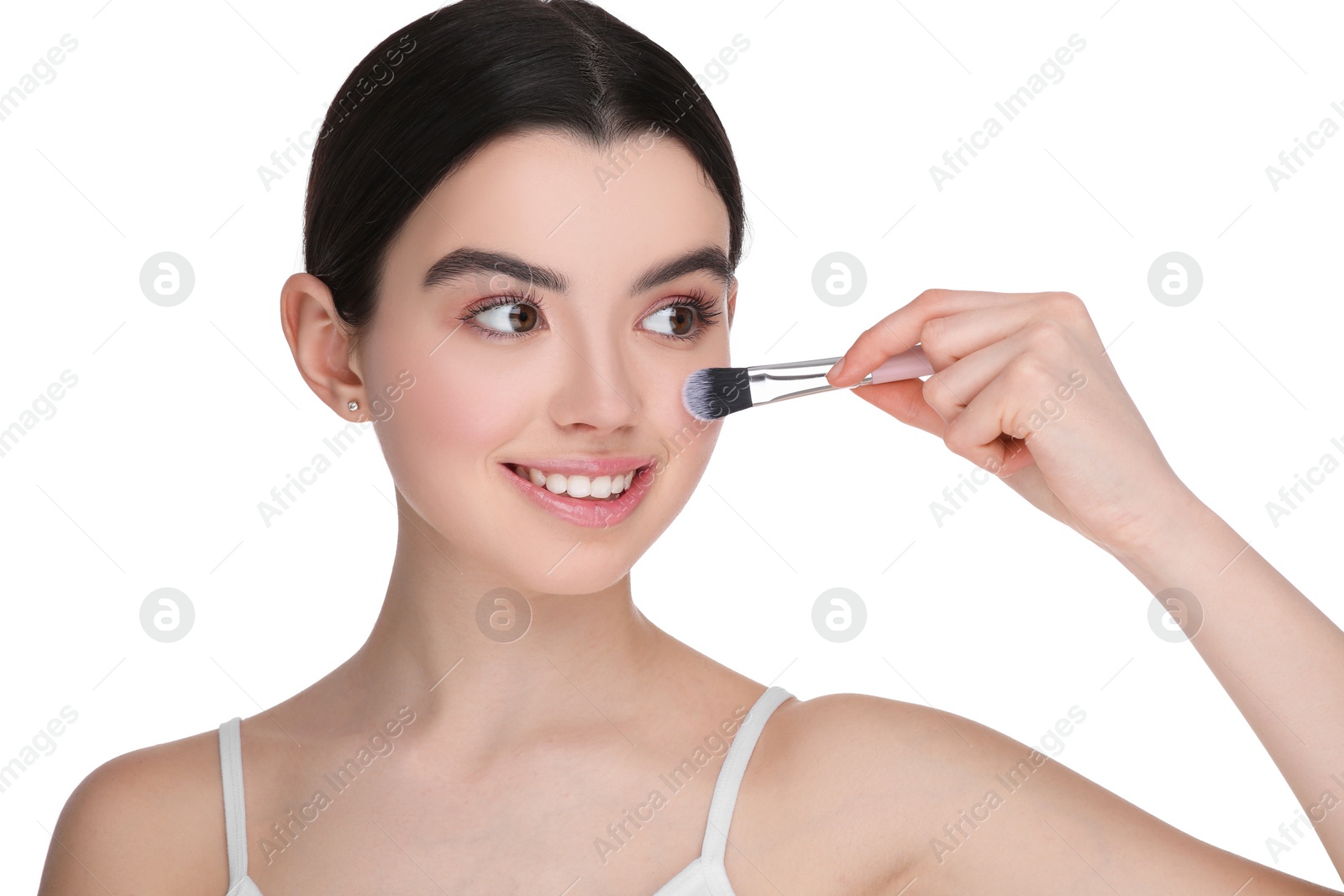 Photo of Teenage girl with makeup brush on white background