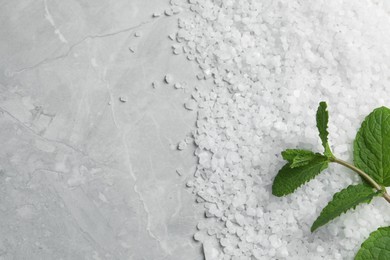 Photo of Natural sea salt and mint on light grey marble table, top view. Space for text