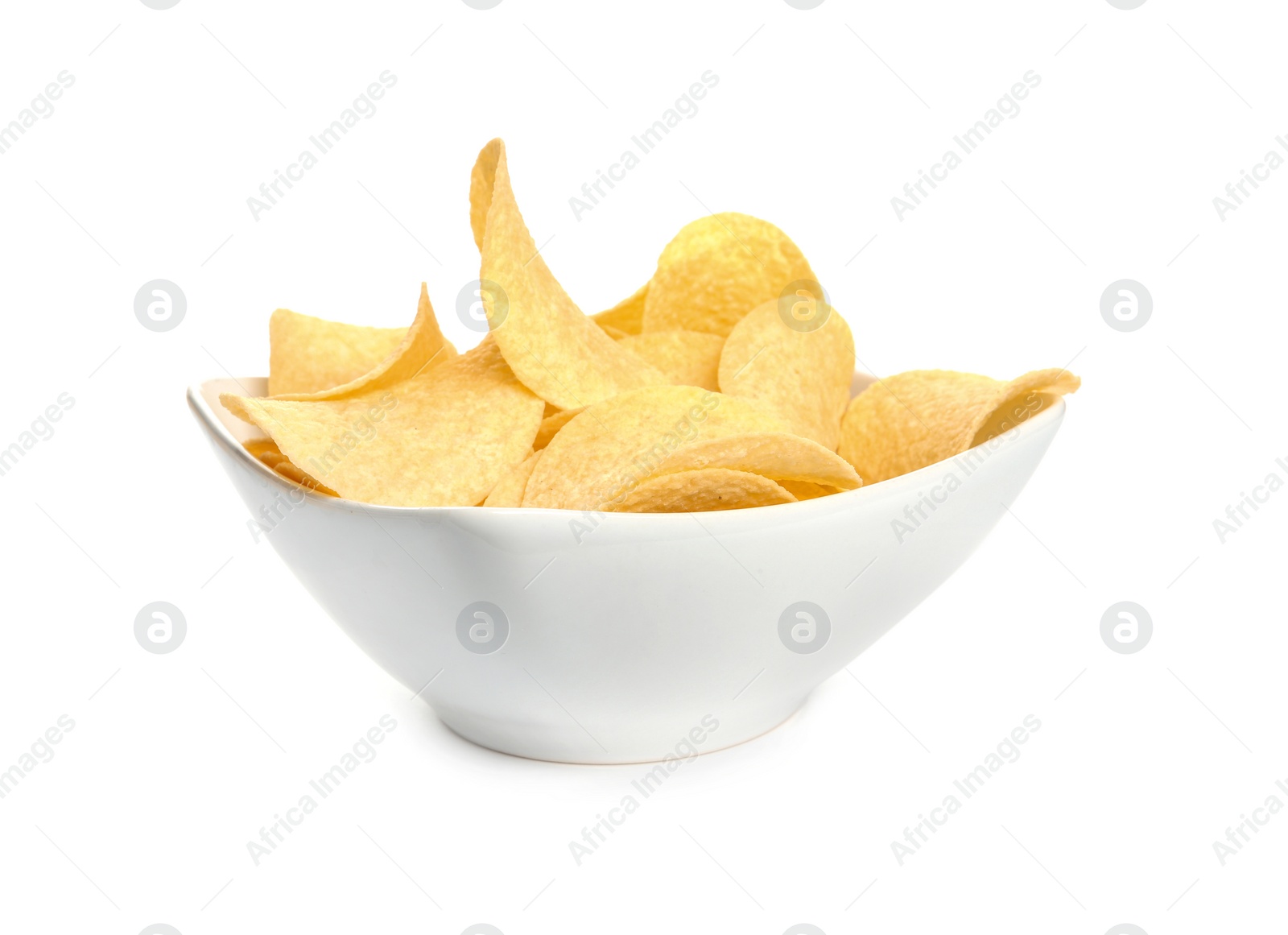 Photo of Bowl of tasty crispy potato chips on white background