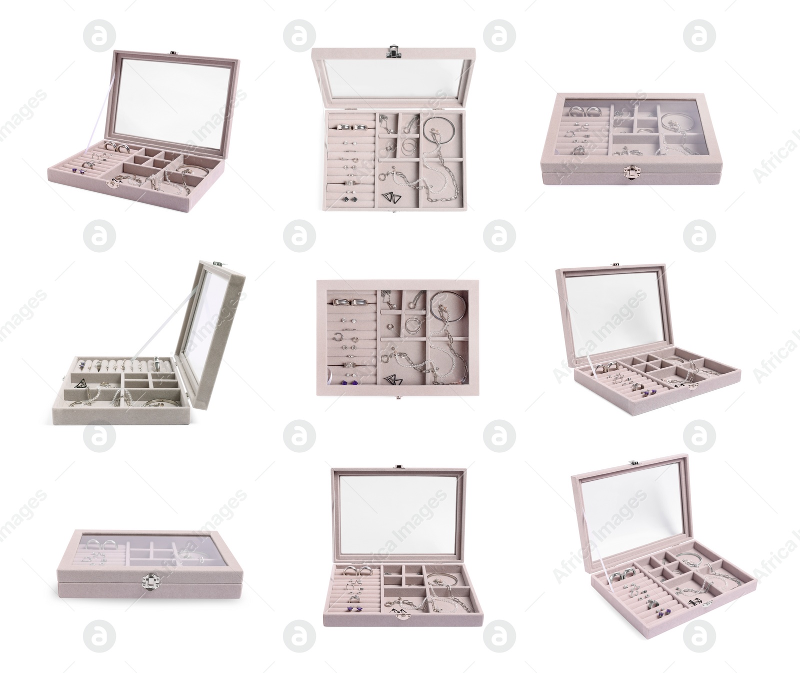 Image of Collage with elegant jewelry box isolated on white, different angles