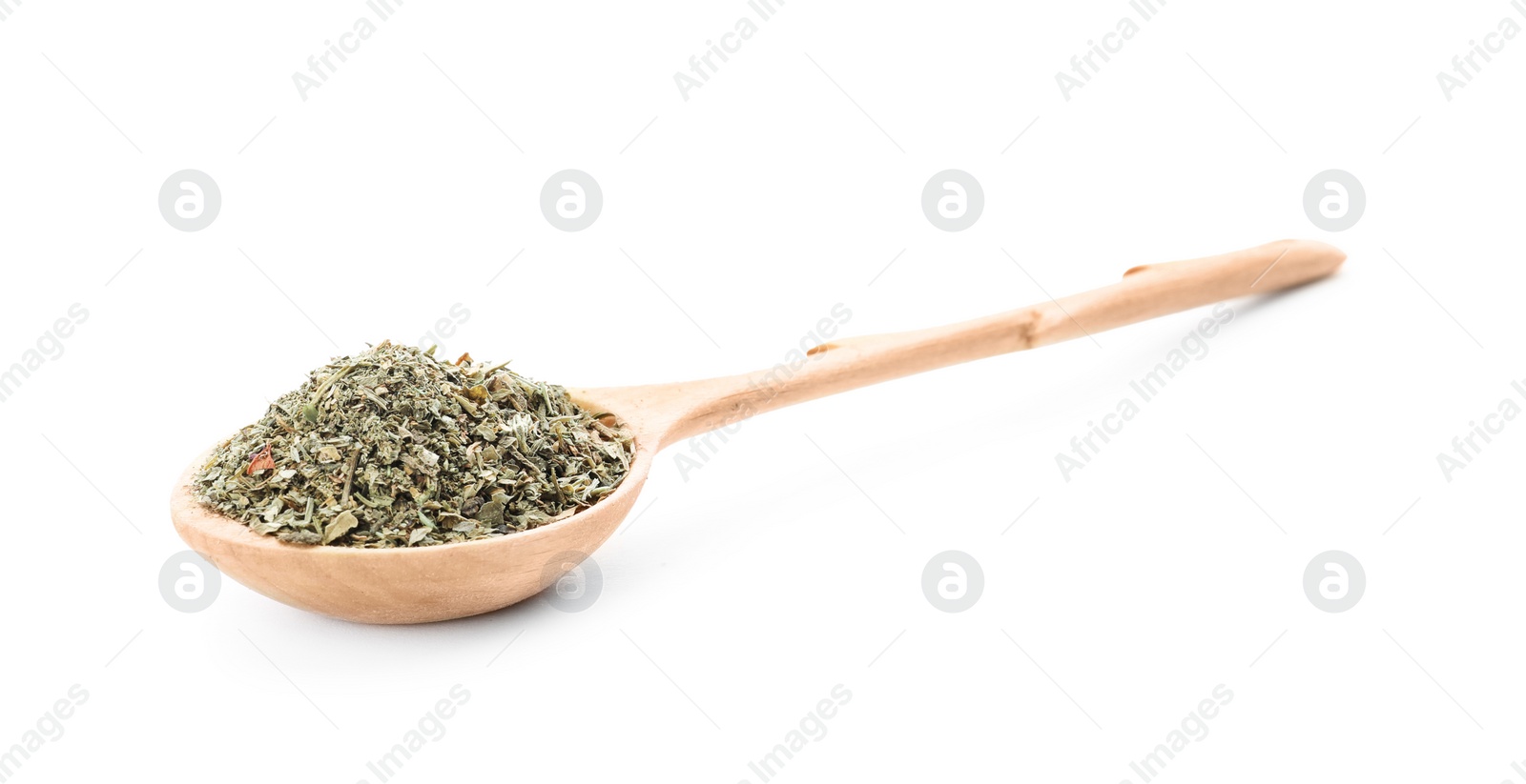 Photo of Wooden spoon with dried parsley on white background