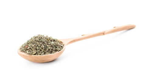 Photo of Wooden spoon with dried parsley on white background