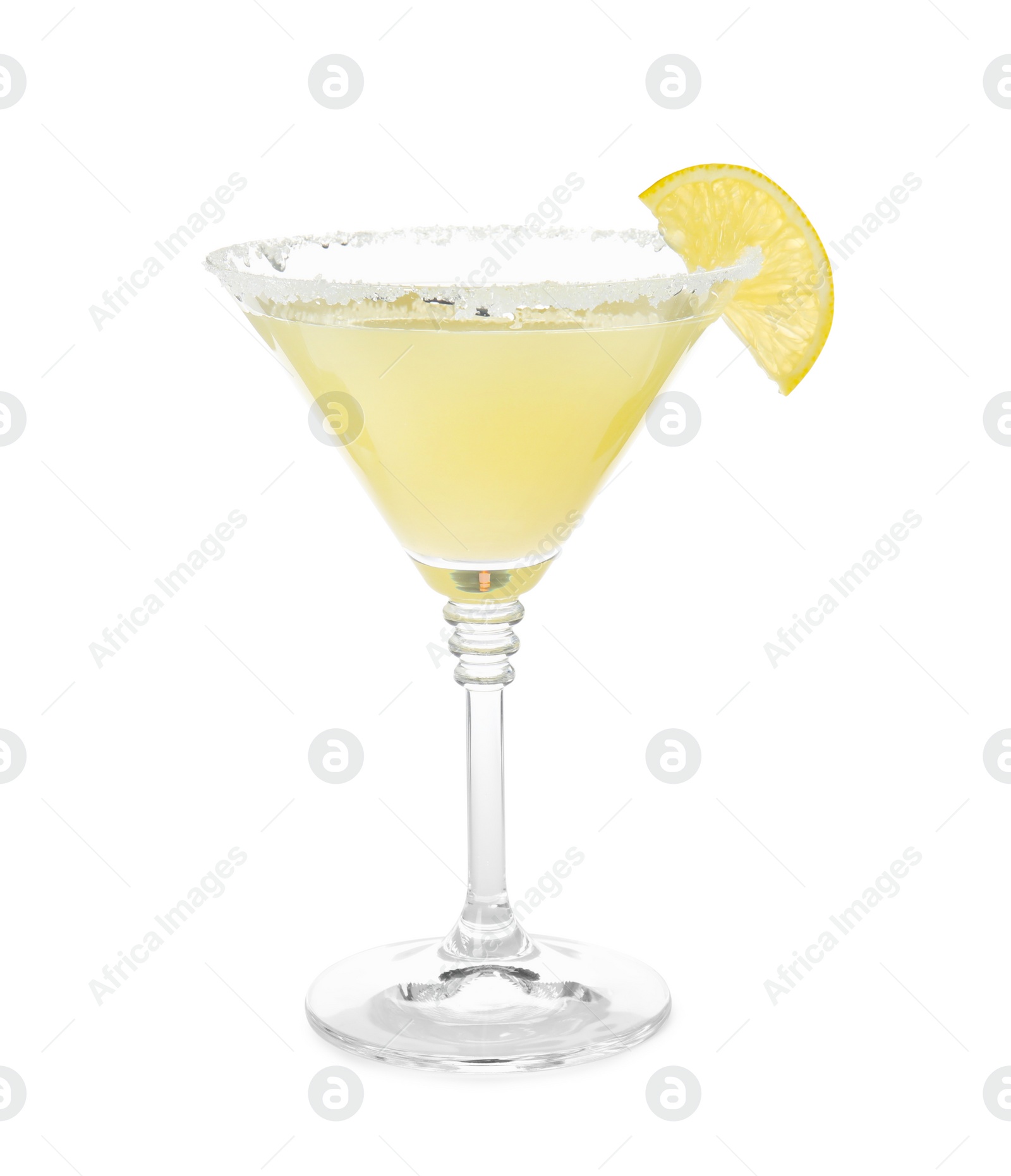 Photo of Glass of delicious bee's knees cocktail with sugar rim and lemon isolated on white