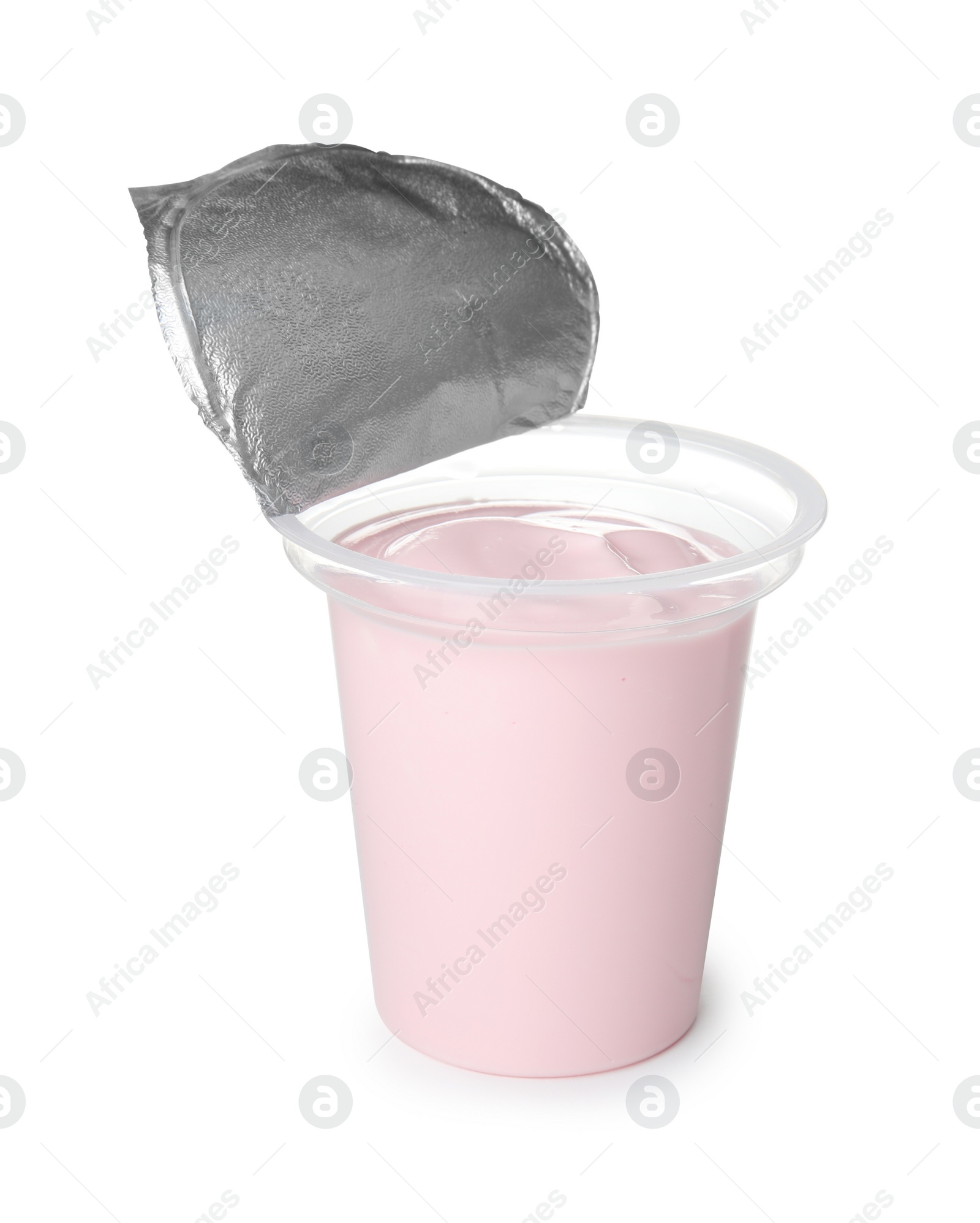 Photo of Plastic cup with creamy yogurt on white background