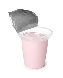 Photo of Plastic cup with creamy yogurt on white background