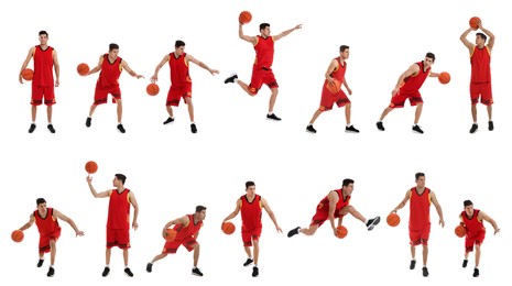 Image of Professional sportsman playing basketball on white background, collage. Banner design