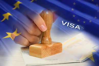 Image of Multiple exposure of woman stamping visa page in passport and flag of European Union, closeup