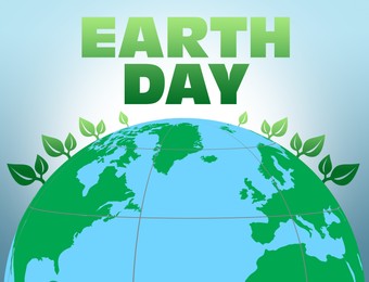 Illustration of Happy Earth Day.  planet with green leaves on light background