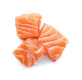 Photo of Pieces of fresh raw salmon on white background, top view