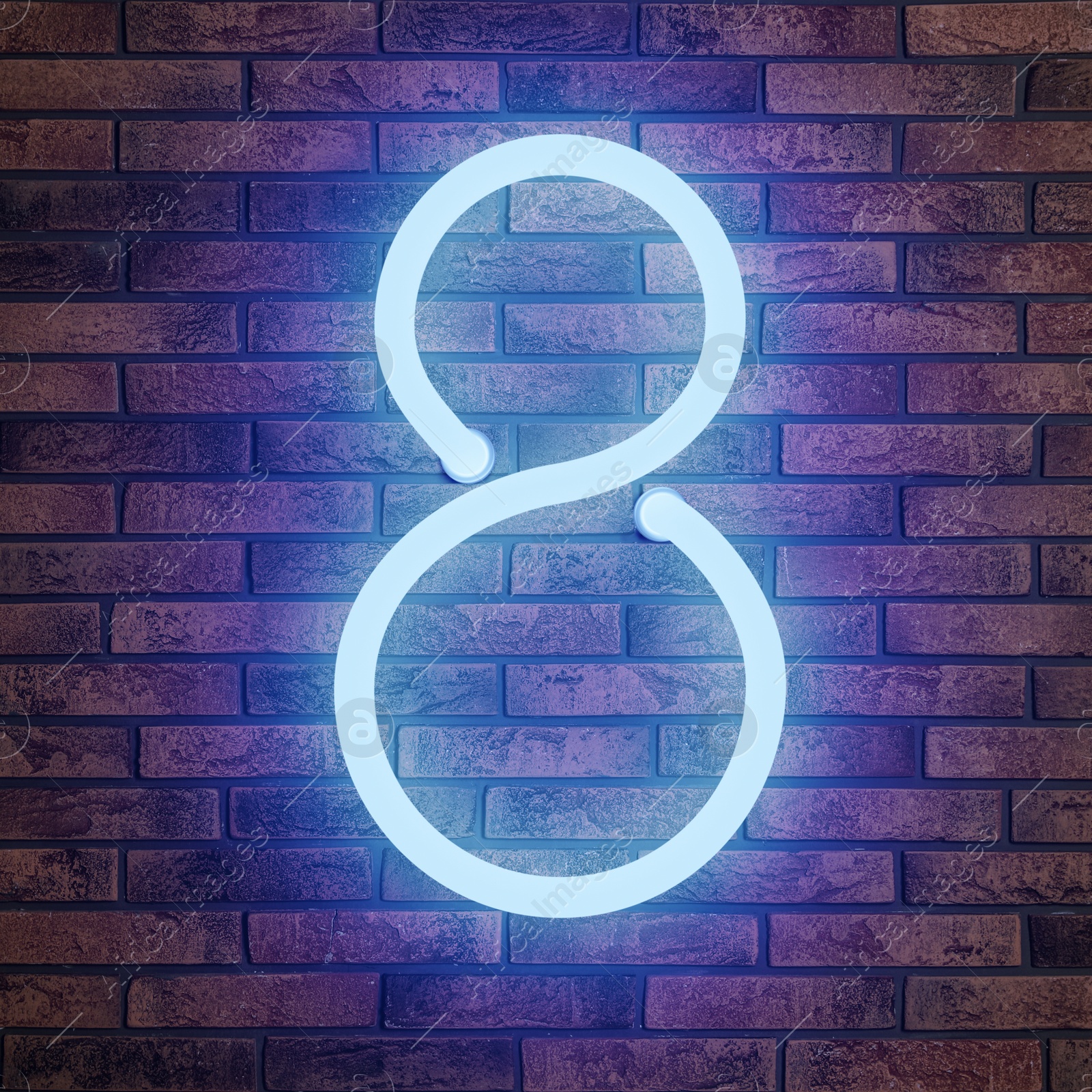 Image of Glowing neon number 8 sign on brick wall