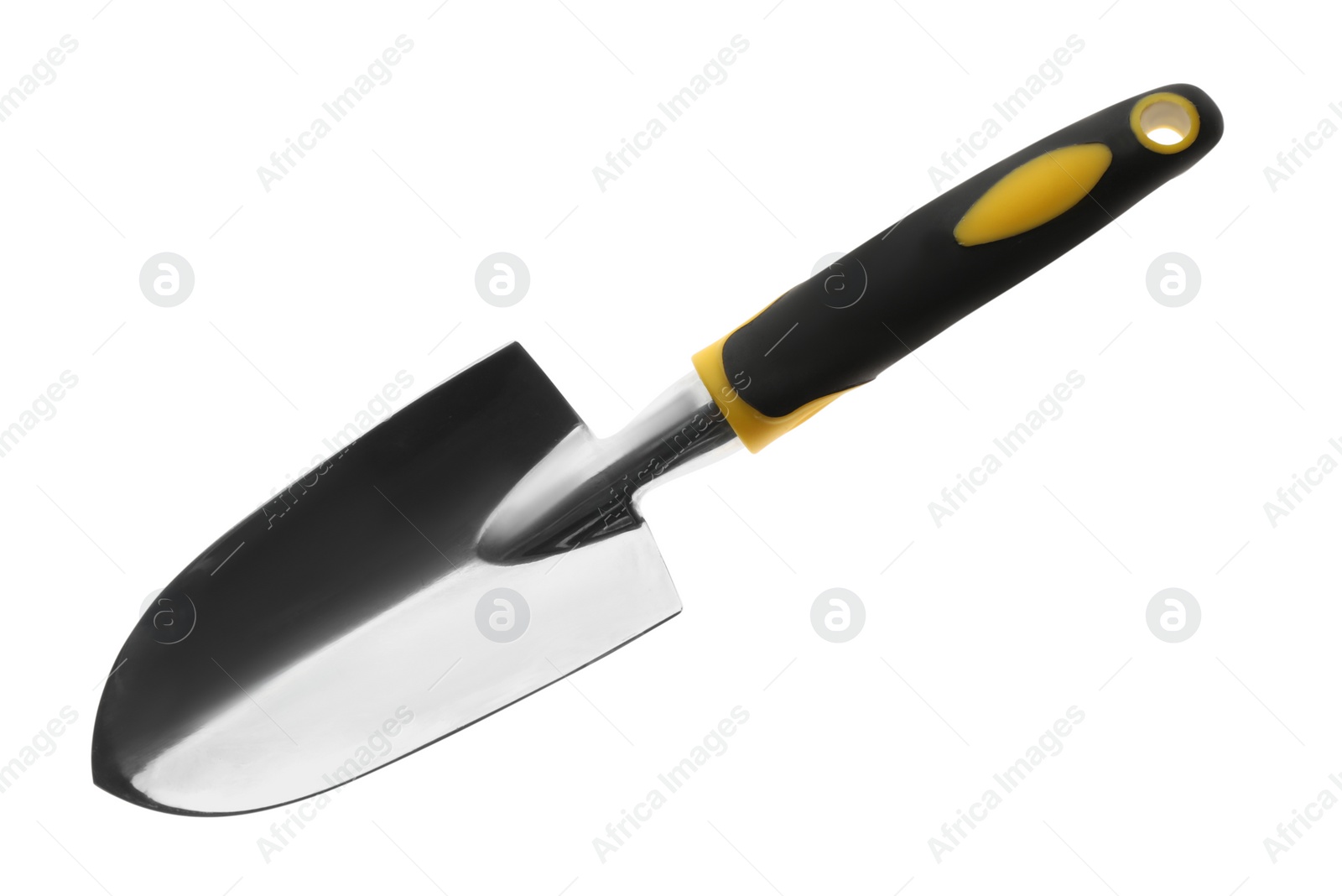 Photo of Modern trowel isolated on white, top view. Gardening tool