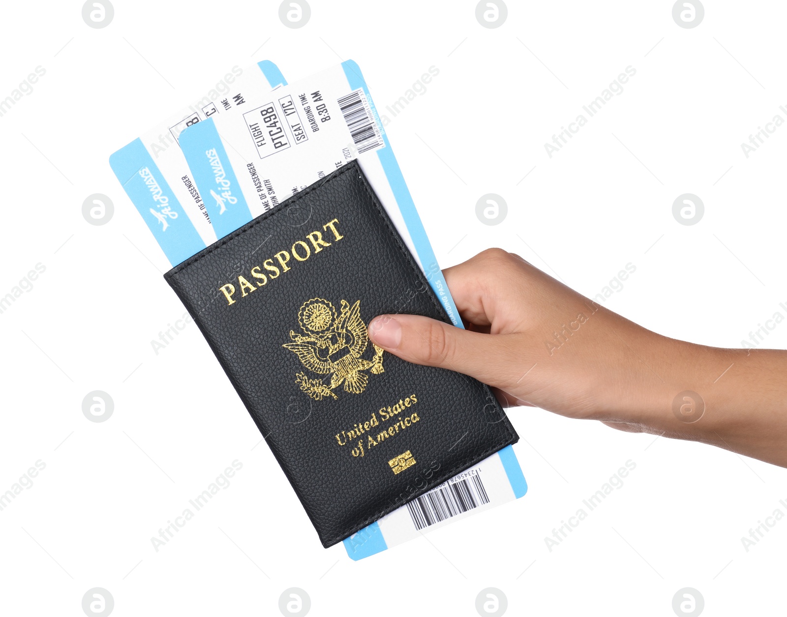 Photo of Woman holding passport with tickets on white background, closeup. Travel agency concept