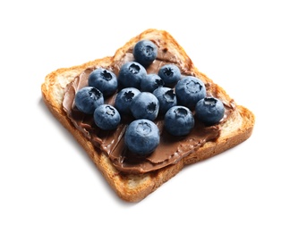 Toast bread with chocolate spread and blueberry on white background