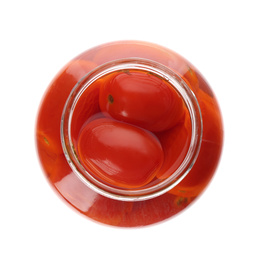 Photo of Jar of pickled tomatoes isolated on white, top view