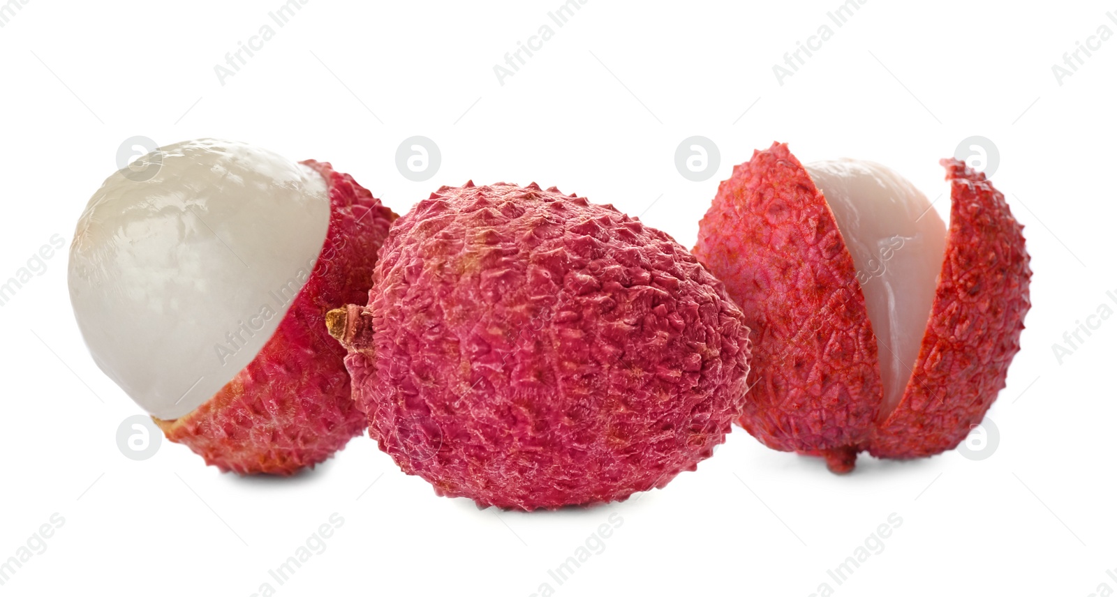 Image of Fresh ripe lychee fruits on white background, banner design