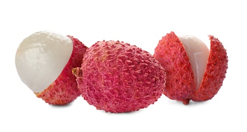 Image of Fresh ripe lychee fruits on white background, banner design