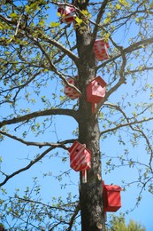 Photo of Red and white bird houses on tree outdoors