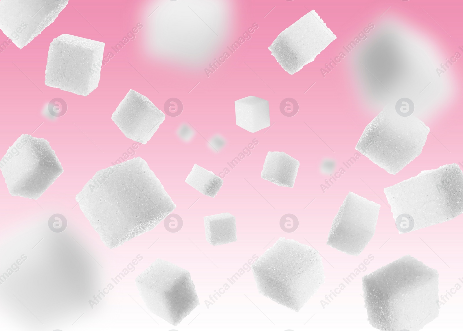 Image of Refined sugar cubes in air on pink gradient background