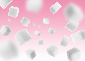 Image of Refined sugar cubes in air on pink gradient background