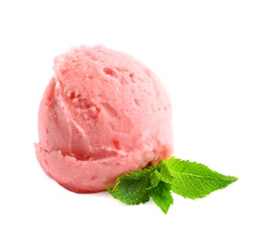 Scoop of delicious strawberry ice cream with mint on white background