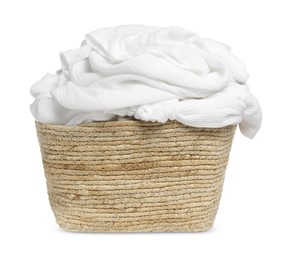 Photo of Wicker laundry basket with clean clothes isolated on white