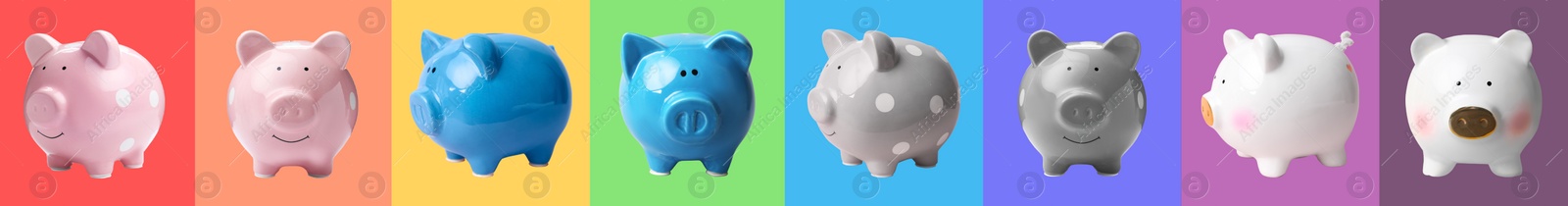 Image of Set with piggy banks on different color backgrounds. Banner design