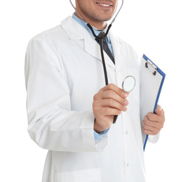 Doctor with clipboard and stethoscope on white background, closeup