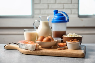 Photo of Different natural food on table. High protein diet