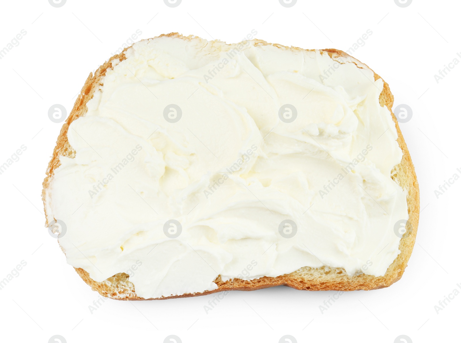 Photo of Bread with cream cheese isolated on white, top view