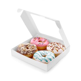 Photo of Box with tasty glazed donuts isolated on white