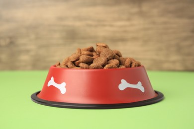 Photo of Dry dog food in feeding bowl on light green table