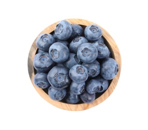 Photo of Fresh ripe blueberries in bowl isolated on white, top view