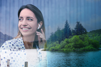 Image of Double exposure of picturesque landscape and beautiful woman with wireless headphones listening to music