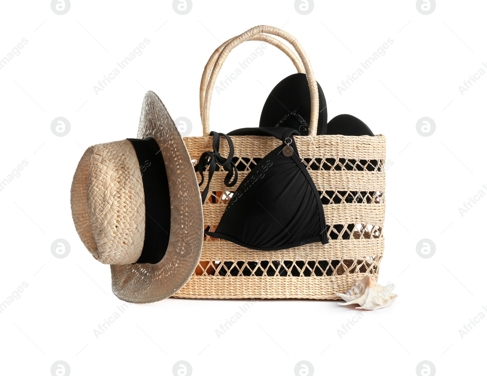 Photo of Set of beach accessories on white background