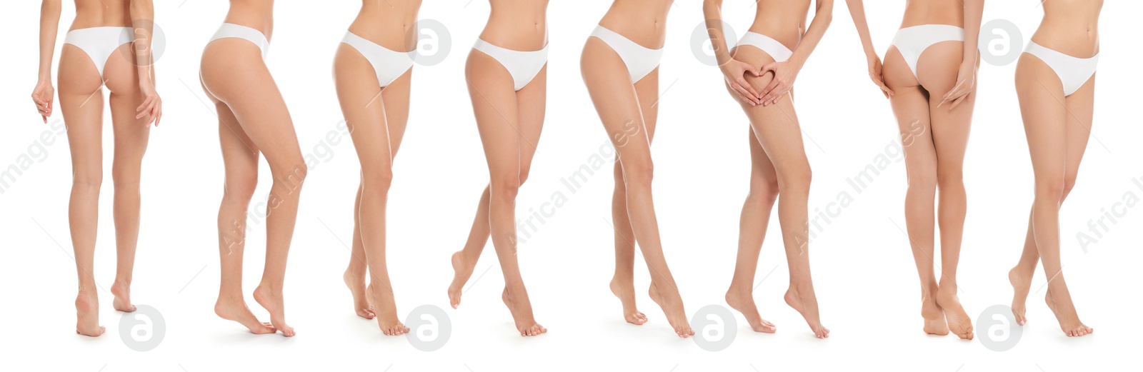 Image of Collage with photos of young woman in underwear on white background, closeup. Beauty and body care