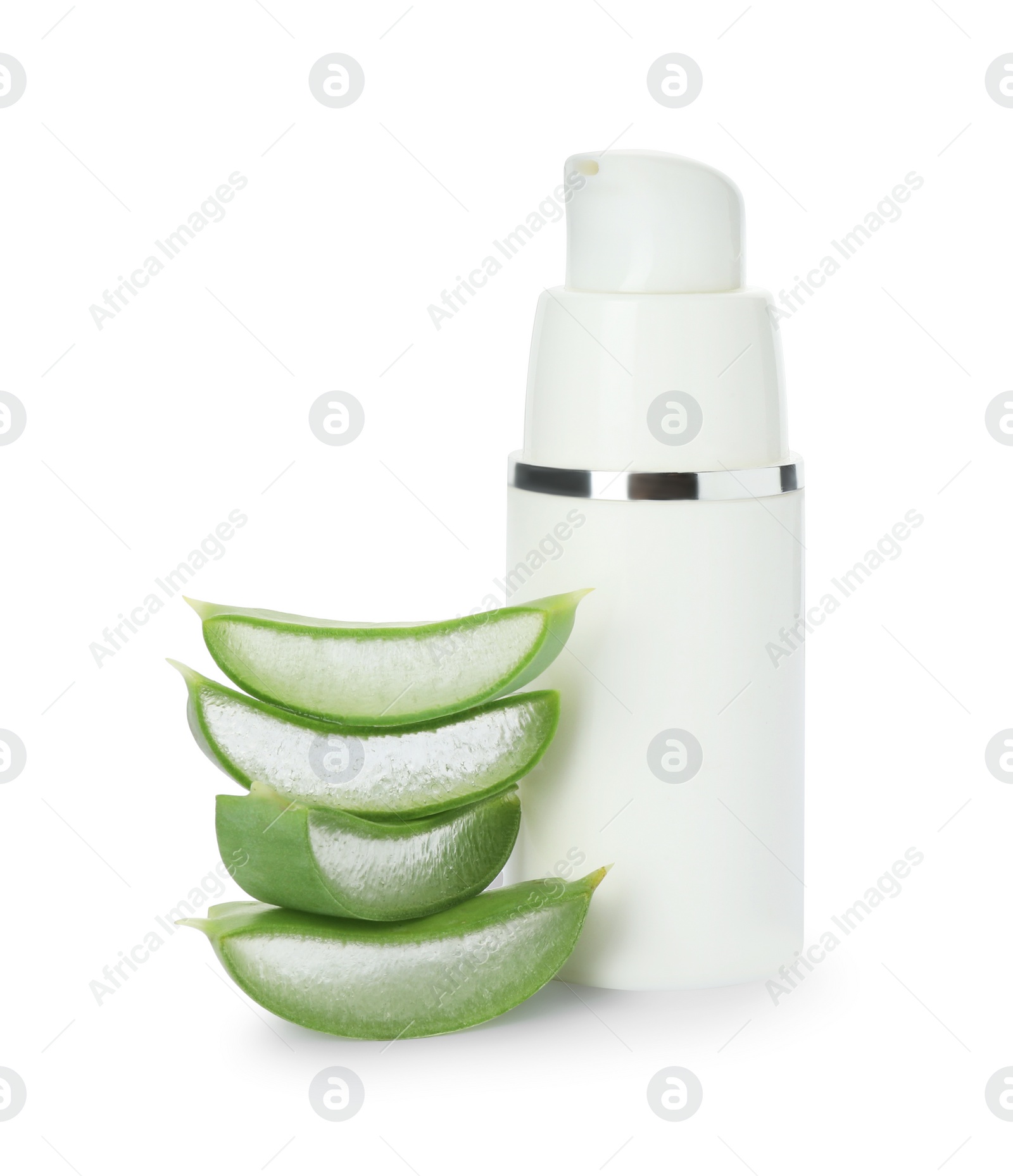 Photo of Tube of natural cream and cut aloe leaf isolated on white