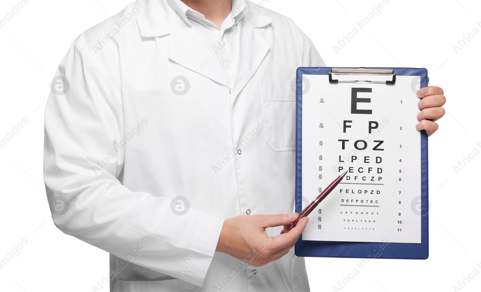 Photo of Ophthalmologist pointing at vision test chart on white background, closeup