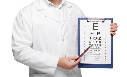 Photo of Ophthalmologist pointing at vision test chart on white background, closeup