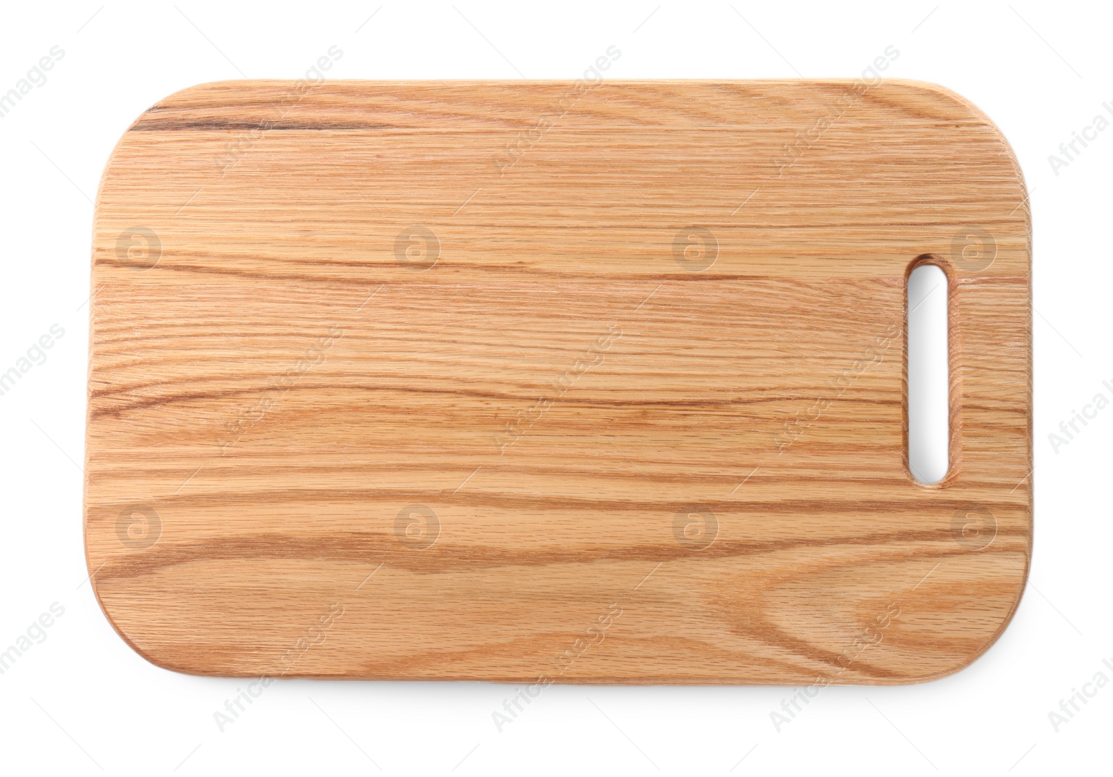 Photo of One wooden cutting board on white background, top view