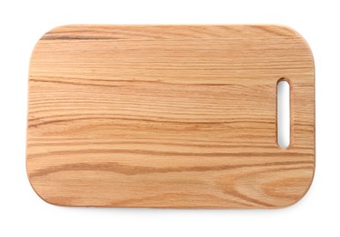 Photo of One wooden cutting board on white background, top view