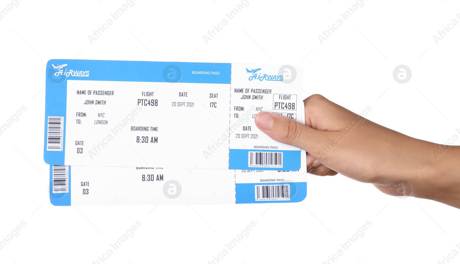 Photo of Woman holding tickets on white background, closeup. Travel agency concept